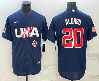 Men%27s USA Baseball #20 Pete Alonso 2023 Navy World Baseball Classic Stitched Jerseys